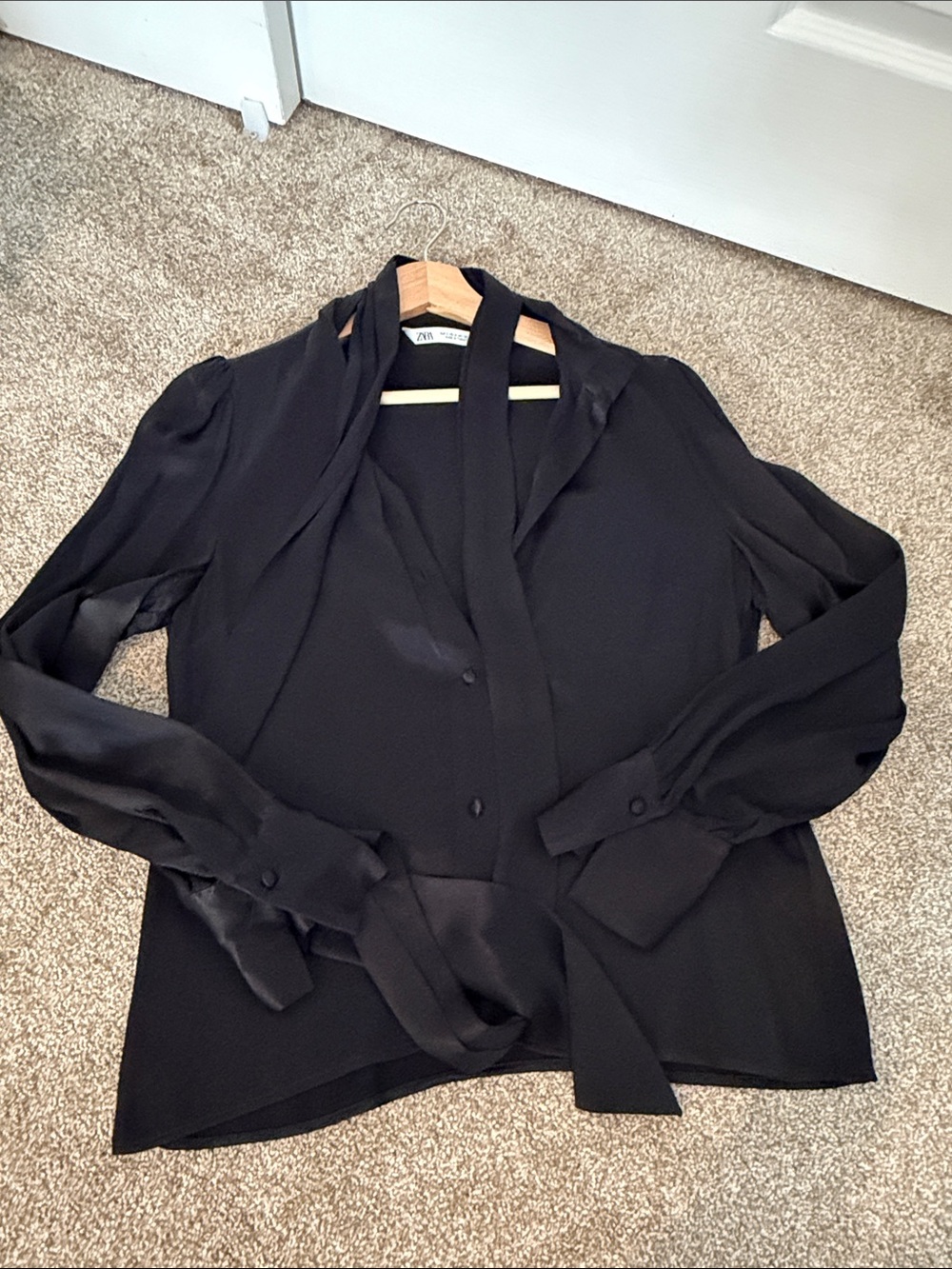 Zara Black Tie-Neck Blouse button down